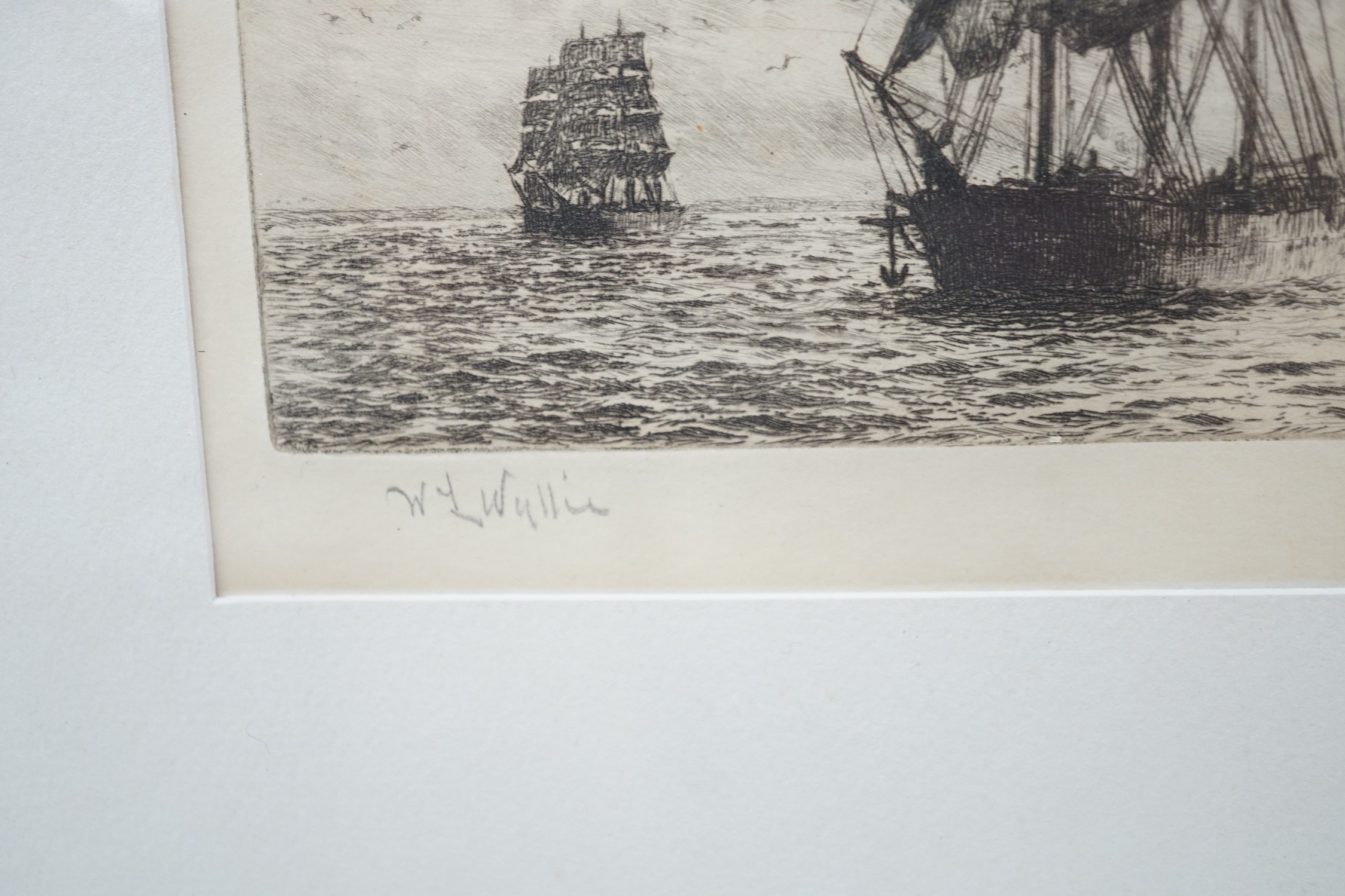 William Lionel Wylie (1851-1931), drypoint etching, Ships in convoy, signed in pencil outside the plate, 12 x 34cm, together with another similar, unsigned, 20 x 50 cm